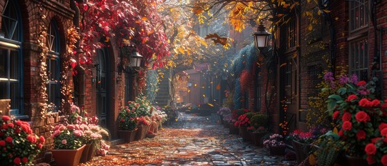 Fototapeta premium A serene alley with a brick wall and flower boxes under the windows.
