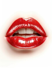 Obraz premium Close-up of glossy red lips with parted mouth, showcasing vibrant lipstick shade and shiny texture. Perfect for beauty, makeup, and fashion concepts.