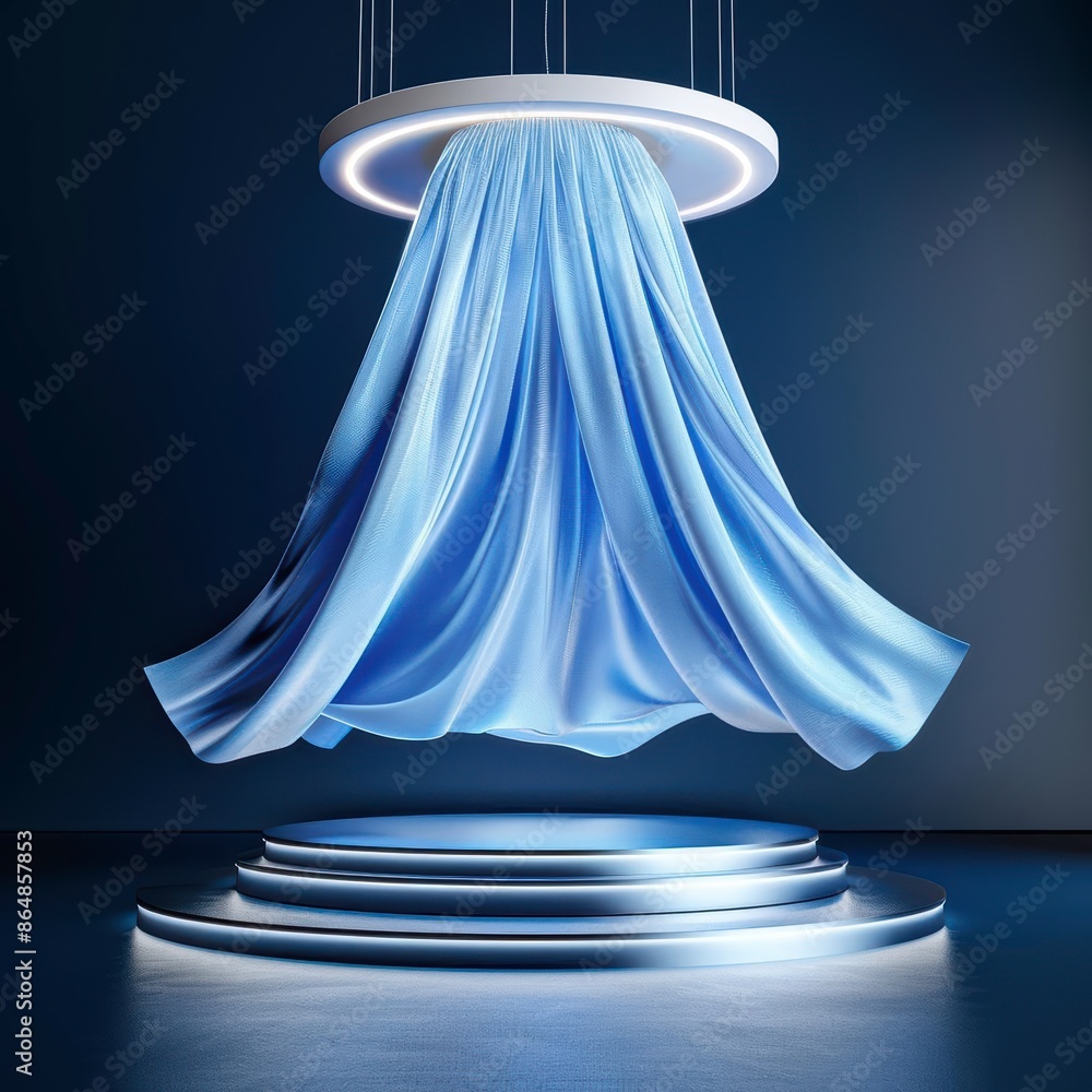 Poster elegant blue fabric draped in a circular light structure, creating a luxurious and sophisticated amb