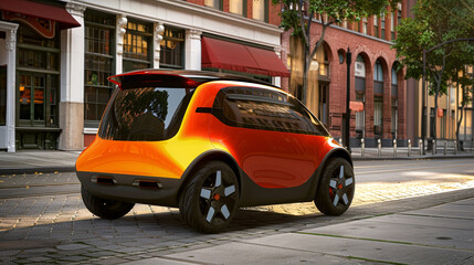 a small orange and black car on a street