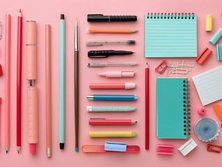 Naklejka premium Colorful stationery items laid out neatly on a pink background. Includes pens, pencils, notebooks, and paper clips for office or school use.