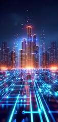 Fototapeta premium Futuristic cityscape with glowing skyscrapers and a digital grid foreground, illustrating advanced technology and innovation