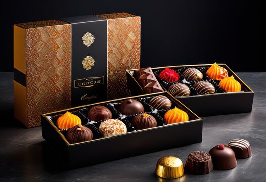 elegant assortment gourmet chocolates unwrapped gift box display, selection, confectionery, treats, sweets, variety, premium, luxury, deluxe, lavish, upscale