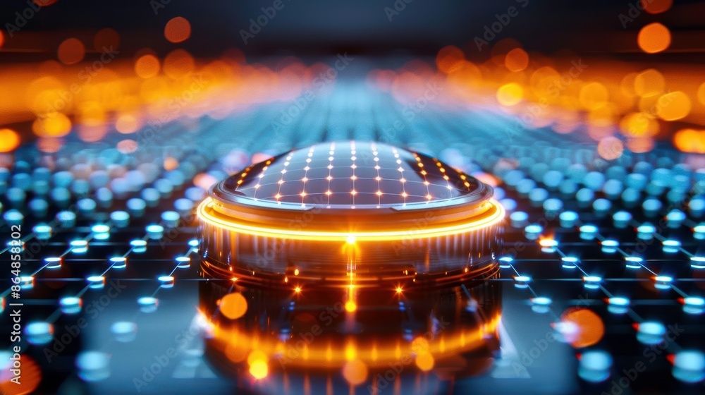 Poster futuristic digital interface with glowing lights and high-tech design, highlighting the concept of a