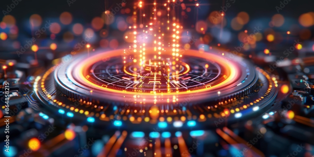 Poster futuristic digital interface with glowing neon lights, representing advanced technology and data tra