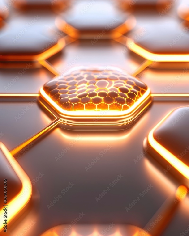 Poster futuristic hexagon grid with glowing orange lights and honeycomb pattern, representing advanced tech