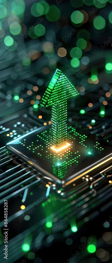 Poster futuristic green arrow symbolizing growth and progress on a digital circuit board with glowing light
