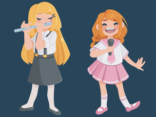 Kid musician for school band or music classes concept. Cartoon vector illustration set of two cute little girls performing song. Happy smiling child singing with microphone and playing flute.