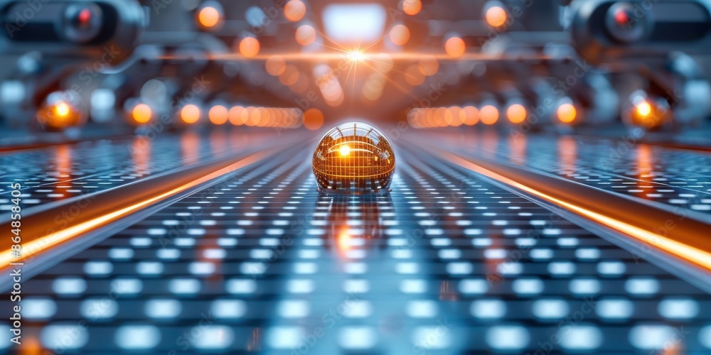 Poster futuristic robotic assembly line with glowing lights and metallic sphere, symbolizing advanced techn