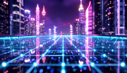 Fototapeta premium Futuristic urban landscape with neon lights and digital grid, depicting high-tech cityscape at night.