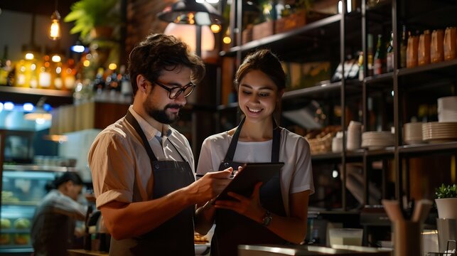 People cafe barista and teamwork on tablet of restaurant sales software management and training in hospitality Happy woman and manager or small business owner talking of menu on digita : Generative AI