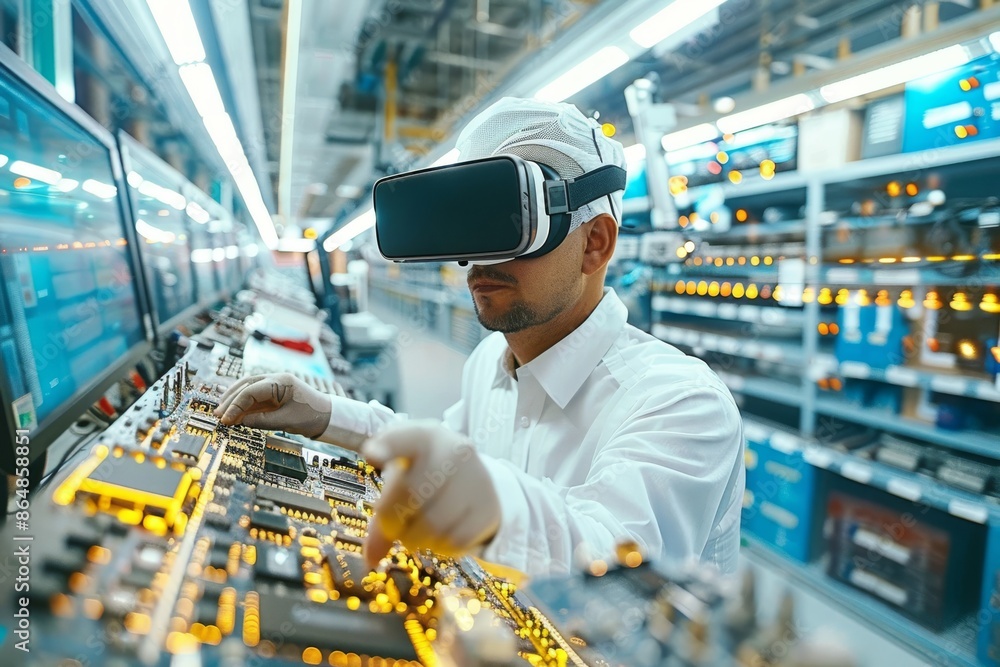 Poster man using vr headset in a high-tech factory, exploring advanced virtual reality and immersive digita