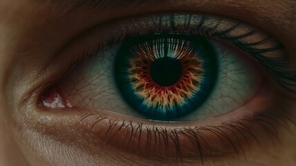 Fototapeta premium A close-up view of a person's eye, showcasing a striking blue and orange iris. The iris is detailed with a fire-like design, and the pupil is wide open, revealing the vibrant colors within.