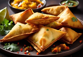 delicious crispy vegetable samosas tasty indian snack spices golden fried, potatoes, triangular, appetizer, crunchy, pastry, filling, savory, flavor, crust