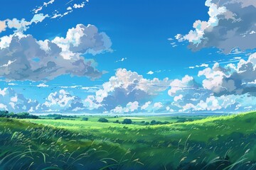 Fototapeta premium Beautiful scenery of green meadow with fluffy clouds and blue sky. Summer landscape of lush green grass and white clouds. Nature and outdoors concept.