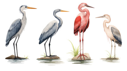 Fototapeta premium Beautiful watercolor illustration of four herons in different colors standing on rocks and grass in various natural poses in isolated on transparent background