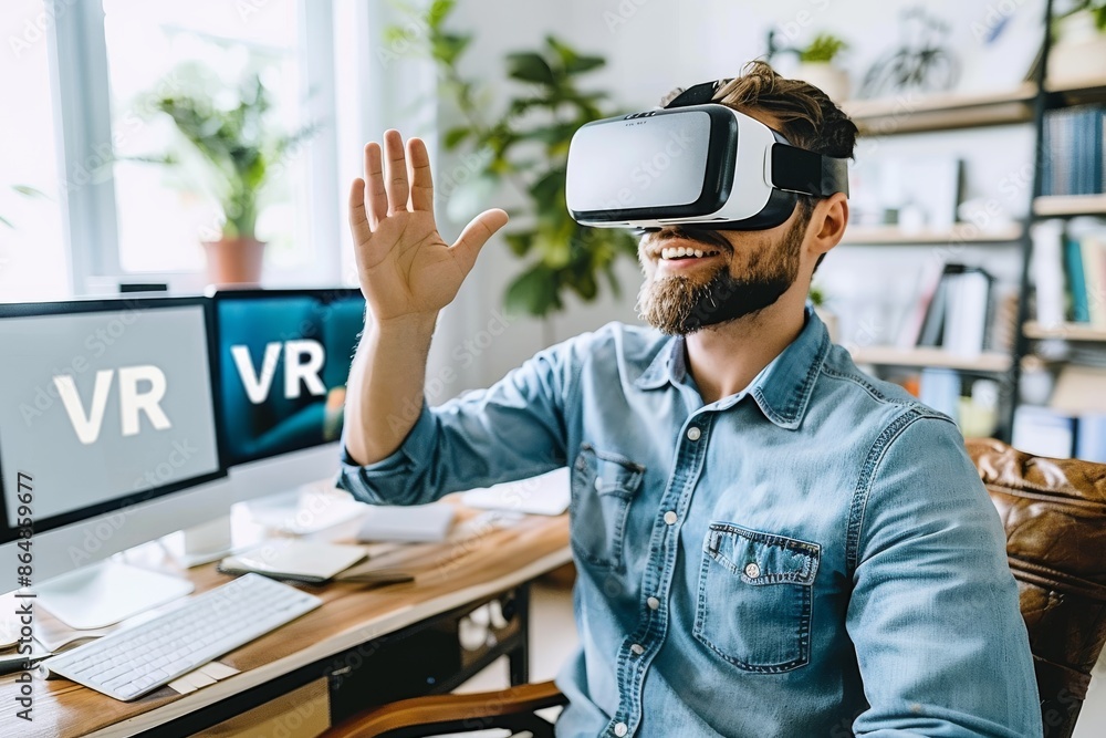Poster man using vr headset at home office, exploring advanced virtual reality and innovative digital exper