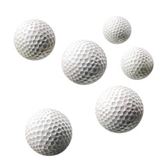 Group of six floating golf balls with textured dimples in isolated on transparent background, perfect for sports and leisure-themed designs.