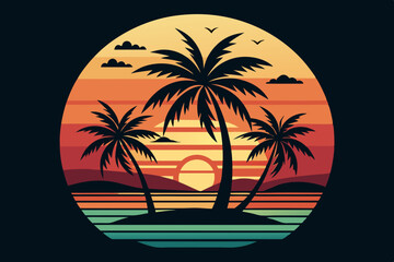 Vintage Beach with palms tree and sunset, vector summer T-Shirt Design