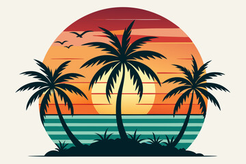 Vintage Beach with palms tree and sunset, vector summer T-Shirt Design