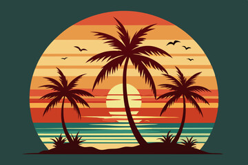Vintage Beach with palms tree and sunset, vector summer T-Shirt Design