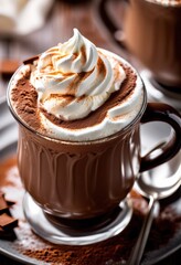 creamy whipped topping steaming hot chocolate sweet dessert treat soft frothy cream swirls, cup, smooth, indulgent, delicious, rich, decadent, velvety, cocoa, sugary
