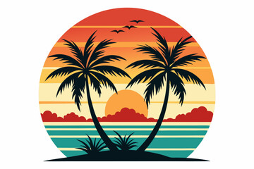 Vintage Beach with palms tree and sunset, vector summer T-Shirt Design