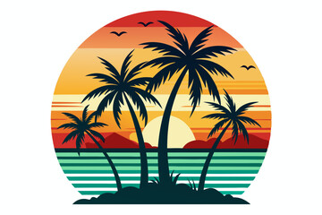 Vintage Beach with palms tree and sunset, vector summer T-Shirt Design