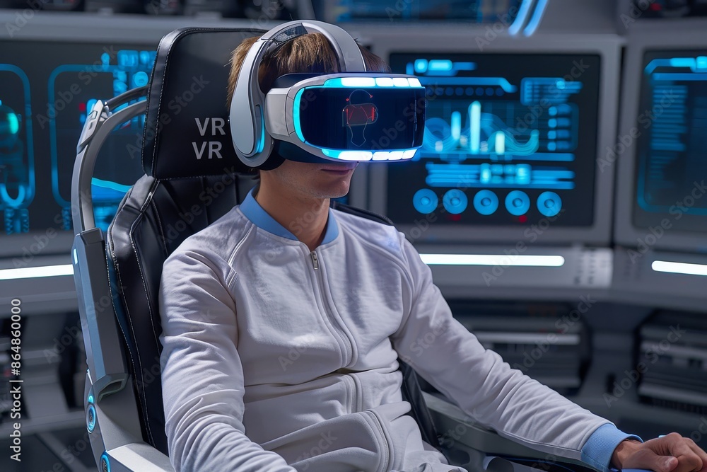 Aufkleber man using vr headset in a futuristic car, exploring advanced virtual reality and immersive digital e