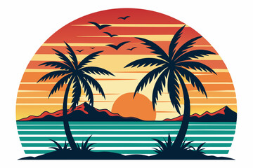 Vintage Beach with palms tree and sunset, vector summer T-Shirt Design