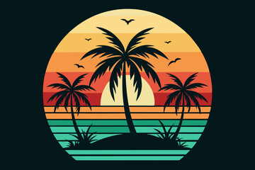 Vintage Beach with palms tree and sunset, vector summer T-Shirt Design