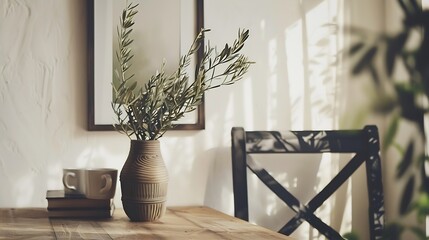 Closeup of picture frame poster mockup Vase with olive tree branches on wooden table Blurred rattan chair Cup of coffee books Summer artistic Mediterranean interior Working space home  : Generative AI
