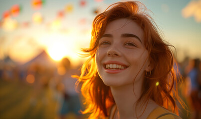 Fototapeta premium Enchanting Red-Haired Woman Bathed In Golden Light: A Radiant Scene Capturing The Essence Of Natural Beauty And Warmth