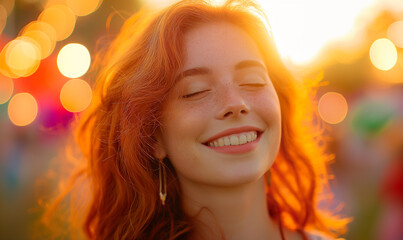 Enchanting Red-Haired Woman Bathed In Golden Light: A Radiant Scene Capturing The Essence Of Natural Beauty And Warmth