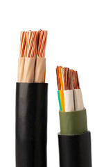 Close Up of Black Insulated Electrical Cables With Exposed Copper Wire