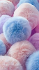 Fluffy Pink and Blue Pom Poms on Pastel Background with Space for Text - Gentle Craftsmanship for Children's Saint Valentine Holiday