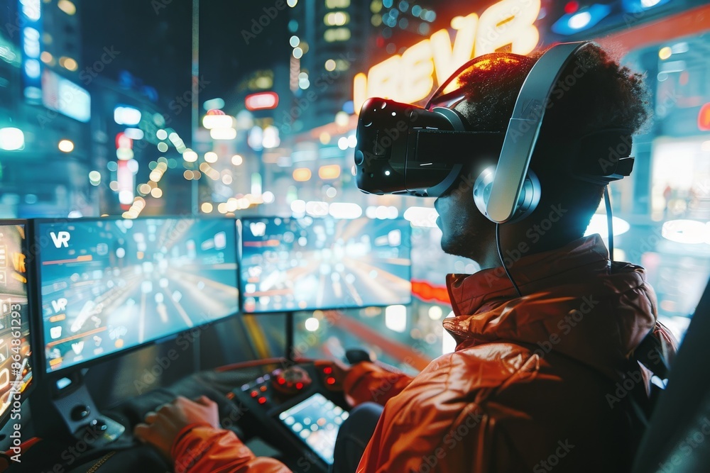 Poster man using vr headset in a neon-lit urban environment, exploring advanced virtual reality and immersi