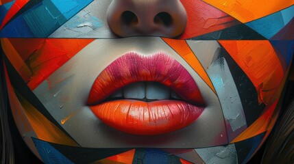Face of a young female with creative body art. Colorful mosaic of triangles and geometry on the face of a woman