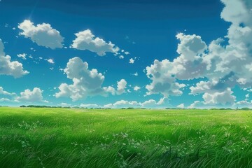 Fototapeta premium Vibrant green field with fluffy white clouds in a blue sky. Landscape view of a summer day, with endless meadows stretching out to the horizon