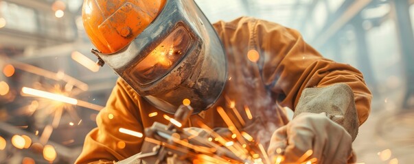 A artist creating sculptures from recycled materials, welding pieces together in an outdoor workshop