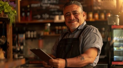 Portrait of hispanic cafe owner holding a digital tablet : Generative AI