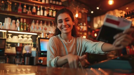 Vertical portrait of happy young woman paying bill with a contactless credit card in a restaurant Cheerful female smiling holding a creditcard and giving a payment transaction to the c : Generative AI
