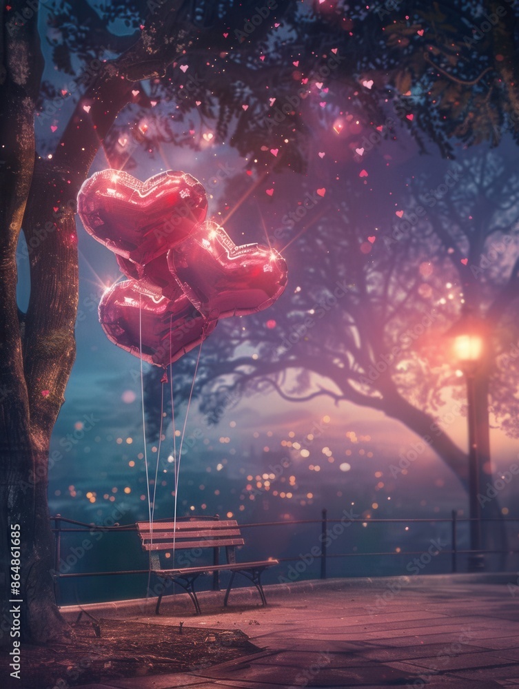 Poster a romantic setting with a bench under a tree, heart-shaped balloons, and soft lighting. generative a