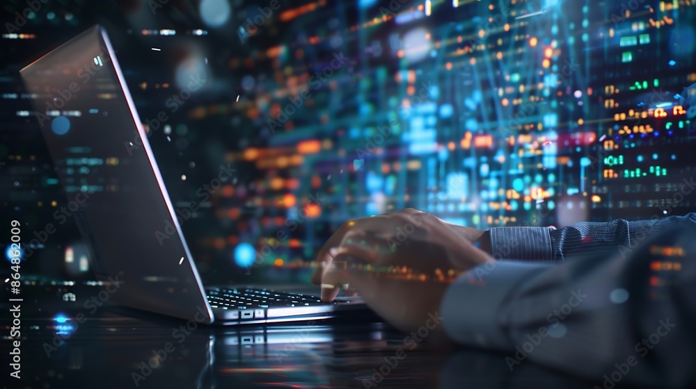 Fototapete Digital technology concept Man programmer working on laptop for big data management computer code on futuristic virtual interface screen data mining digital software development data s : Generative AI