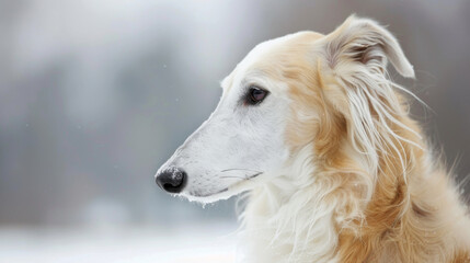 Fototapeta premium Adorable white borzoi dog is resting sitting in the snow