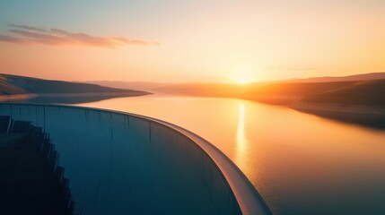 Silhouette of a massive dam holding back a large reservoir, captured at sunrise, isolated for use in environmental and sustainability content, with plenty of copy space