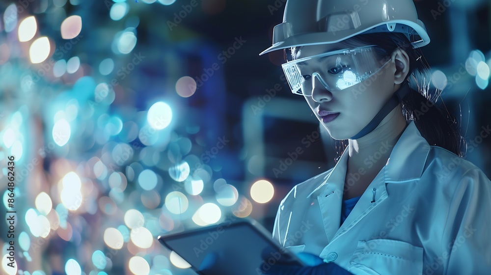 Poster a woman engineer is wearing a protective helmet on her head using tablet Analytics engineering data : Generative AI