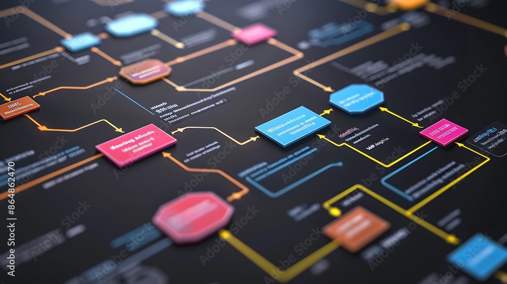 Poster Software development flowchart diagram showing branching merging pull request commit master development and release version process workflow for business Distributed version control Gi : Generative AI