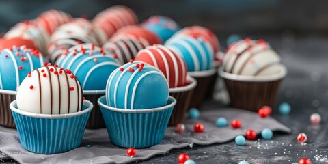 Create a vibrant display of patriotic desserts with red, white, and blue treats on a festive table close up, focus on colors, vibrant, overlay, picnic backdrop