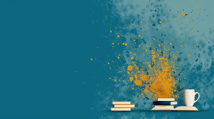 Creative workspace with books, coffee cup, and colorful splash on teal background. Ideal for artistic, educational, and inspirational themes.
